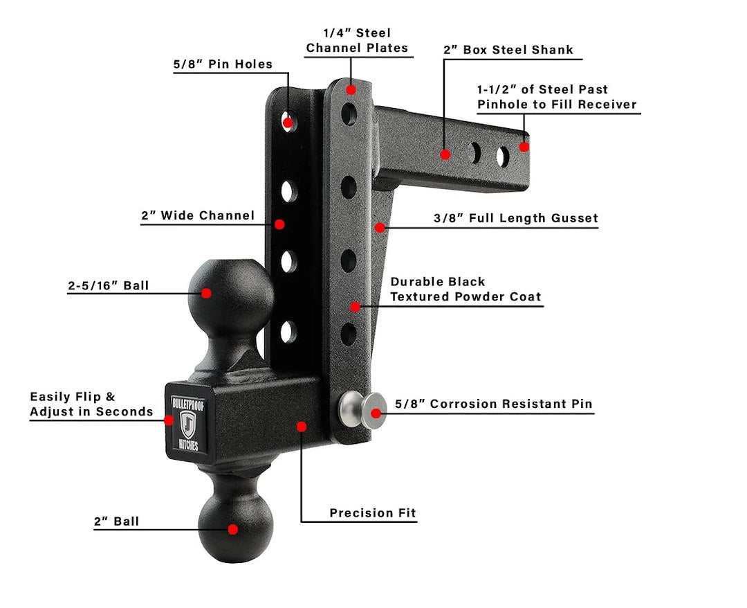 Bulletproof Limited Lifetime Warranty Trailer Hitch Ball Mount LD206 - Bph LT Dty Shank Drop Rise