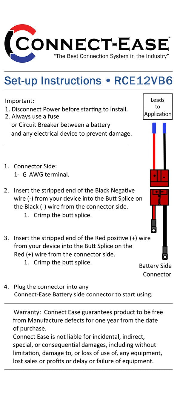 Connect Ease Corrosion Resistant Components Battery Connection Harness RCE12VB6 - Single Gauge