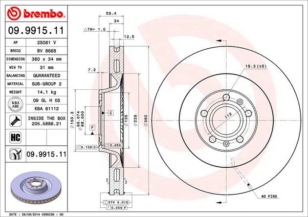 Brembo 09991511C02 Brake Rotor