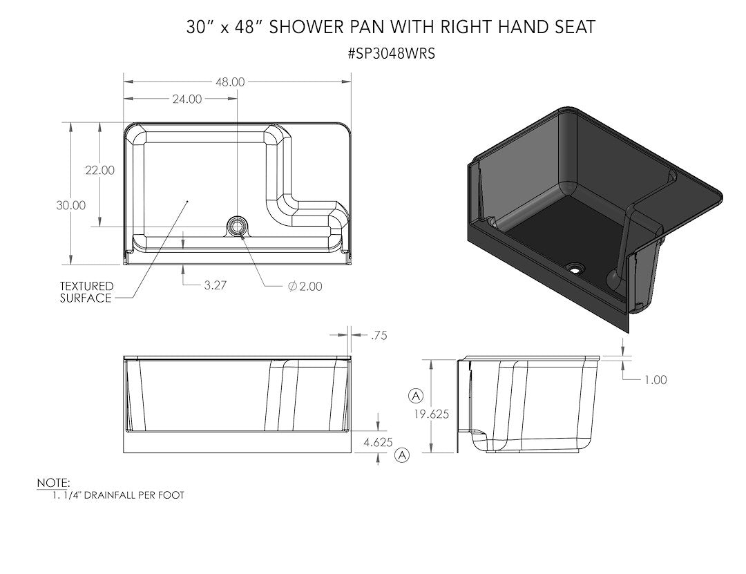 S.Recreation Lightweight And Strong Shower Pan SP3048WRS - White 30 48 Right Seat