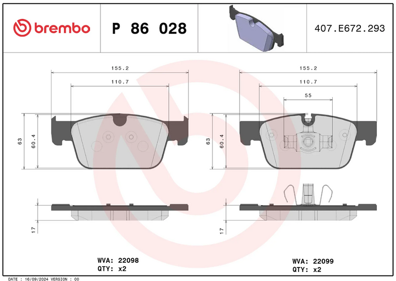 Brembo Premium Low-Met OE Equivalent Pad Brake Pad P86028