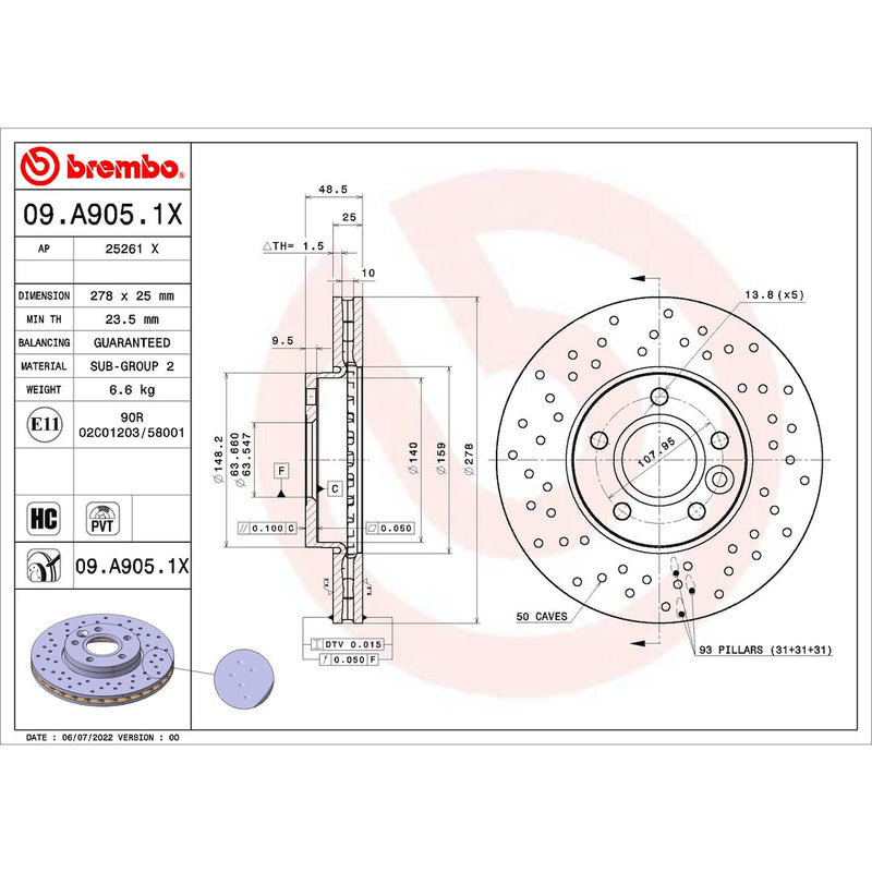 Brembo Suitable For High Performance Brake Rotor 09.A905.1X - Discbrakerotor Venteddisc