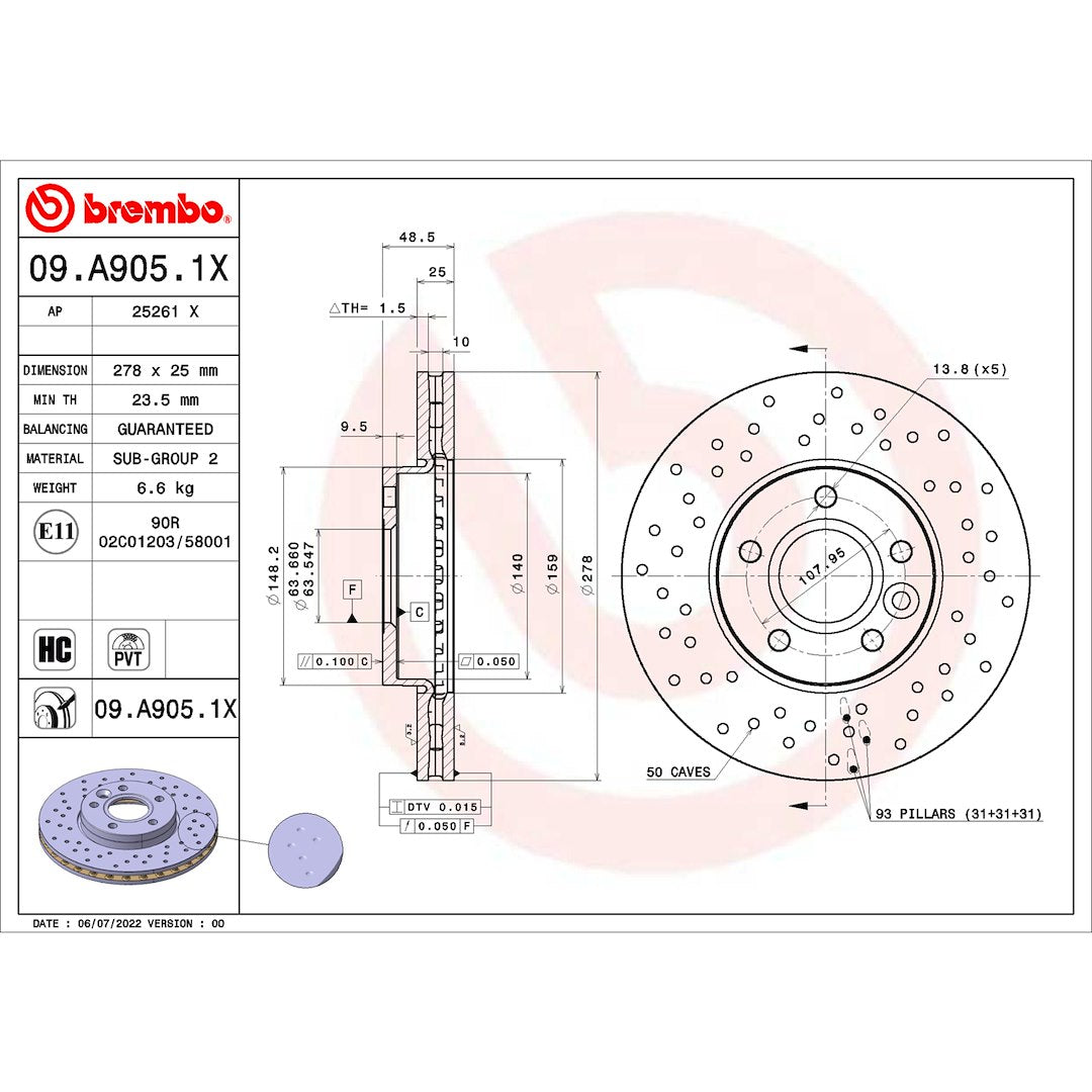 Brembo Suitable For High Performance Brake Rotor 09.A905.1X - Discbrakerotor Venteddisc