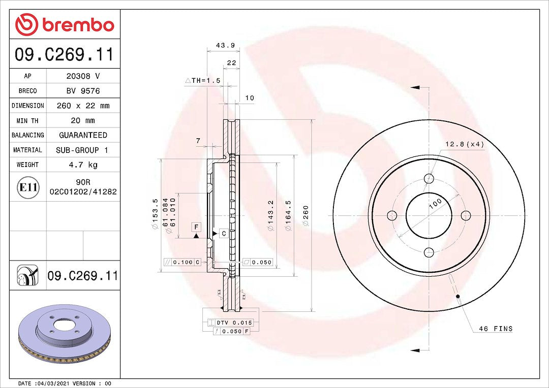 Brembo Rust-Resistant Coating Brake Rotor 09C26911C02 - Disc