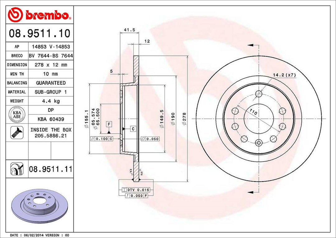 Brembo Components Not Hazardous To Health Brake Rotor 08951111C02 - Disc