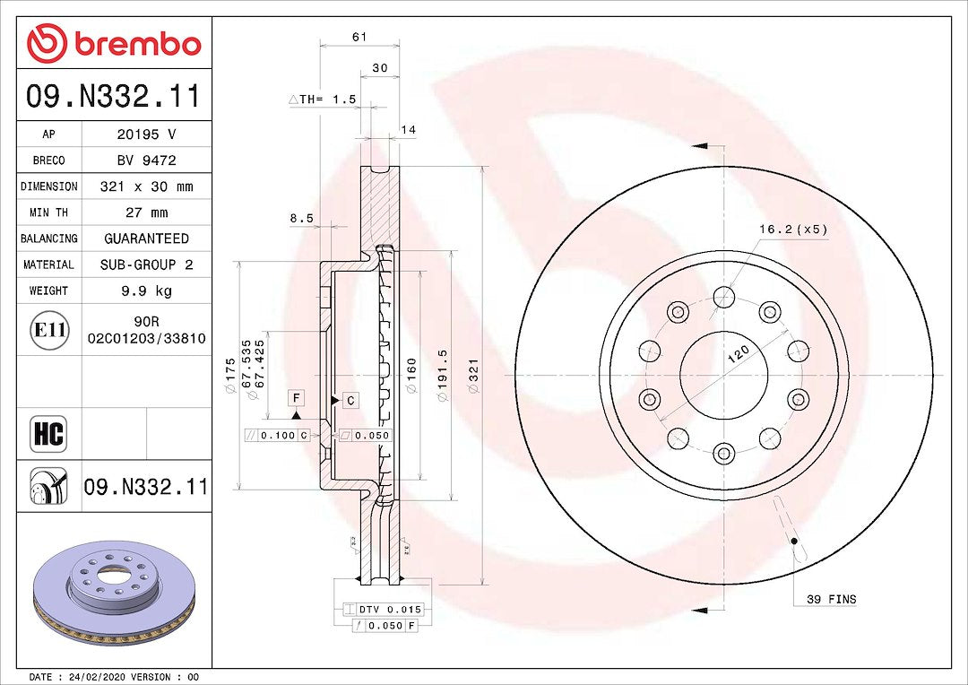 Brembo Rust-Resistant Coating Brake Rotor 09N33211C02 - Disc