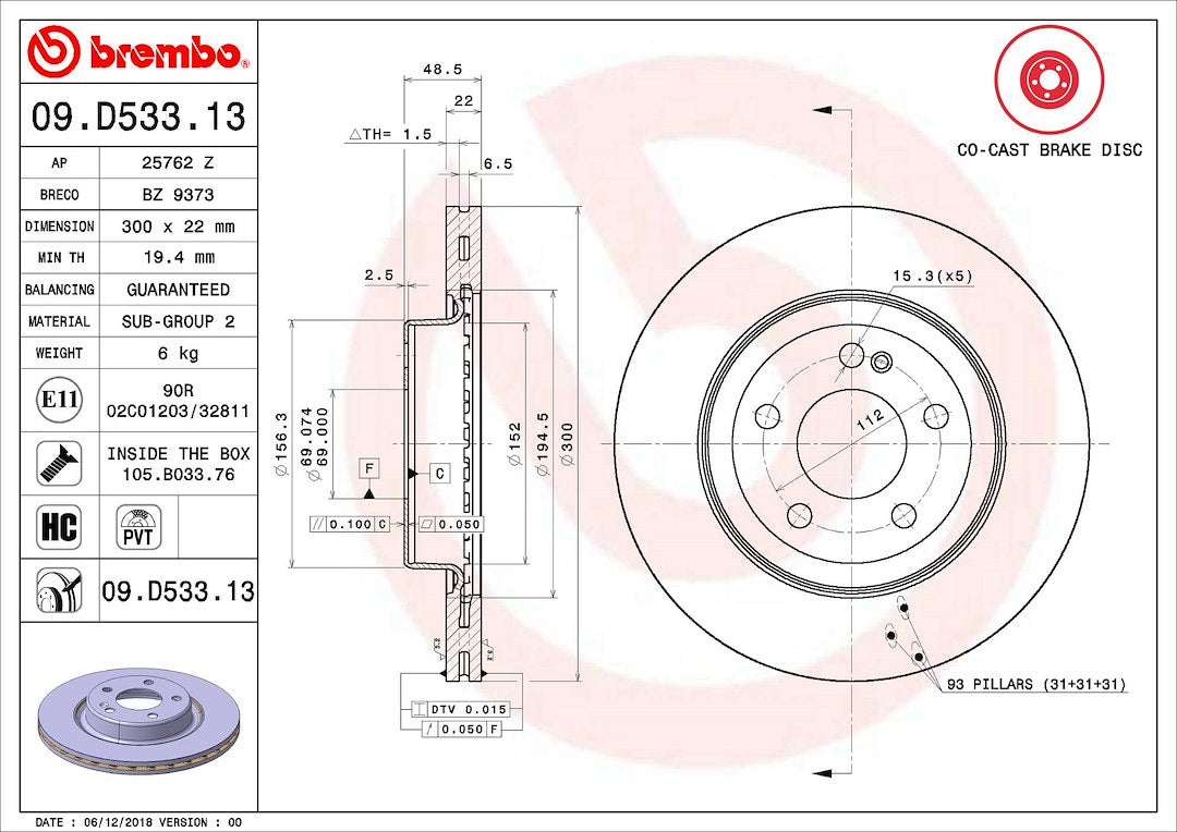 Brembo Components Not Hazardous To Health Brake Rotor 09D53313C02 - Disc