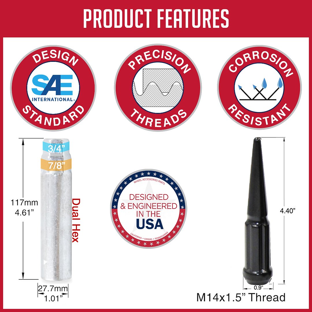 Revolution One Piece Solid Design Lug Nut 251848Black - Spike M14 32 BK 251848BLK