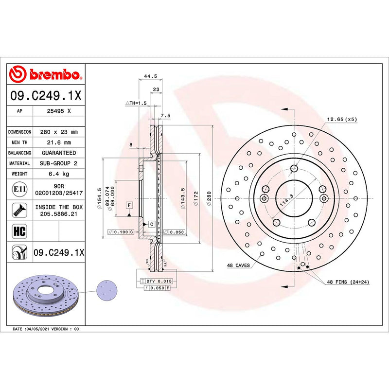 Brembo Suitable For High Performance Brake Rotor 09.C249.1X - Discbrakerotor Venteddisc