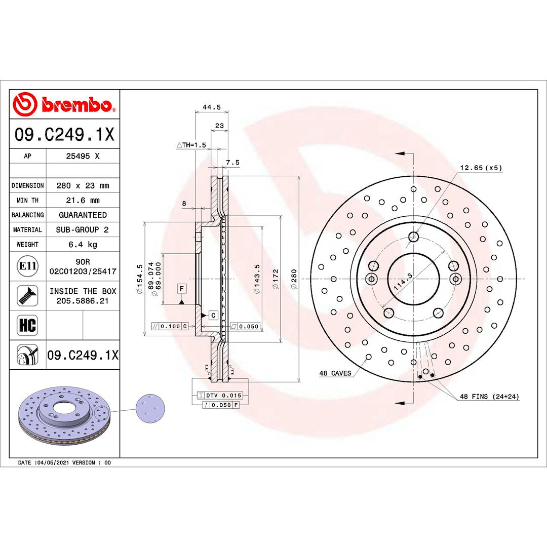 Brembo Suitable For High Performance Brake Rotor 09.C249.1X - Discbrakerotor Venteddisc