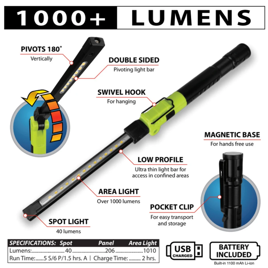 Perform Tool Double Sided Pivoting Light Bar Flashlight W2645 - 1000 LM LI-ION Pocket Work