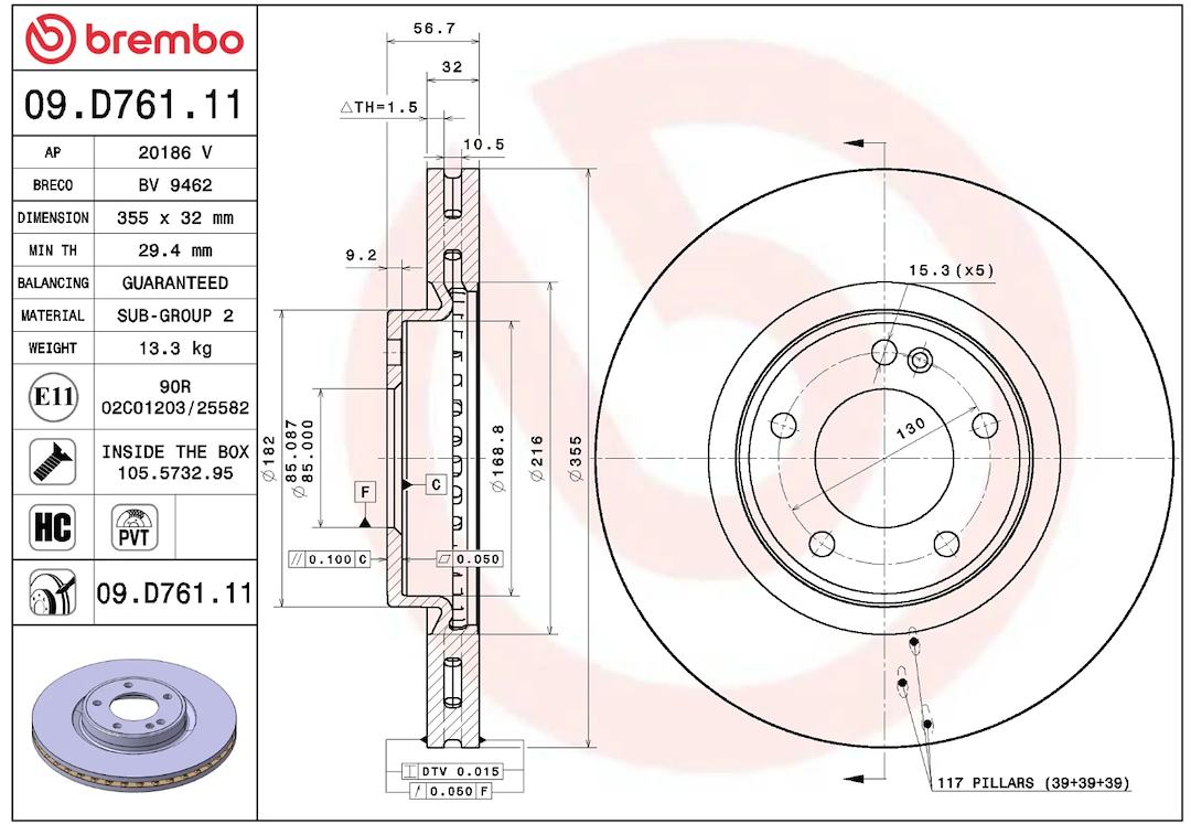 Brembo Rust-Resistant Coating Brake Rotor 09D76111C02 - Disc