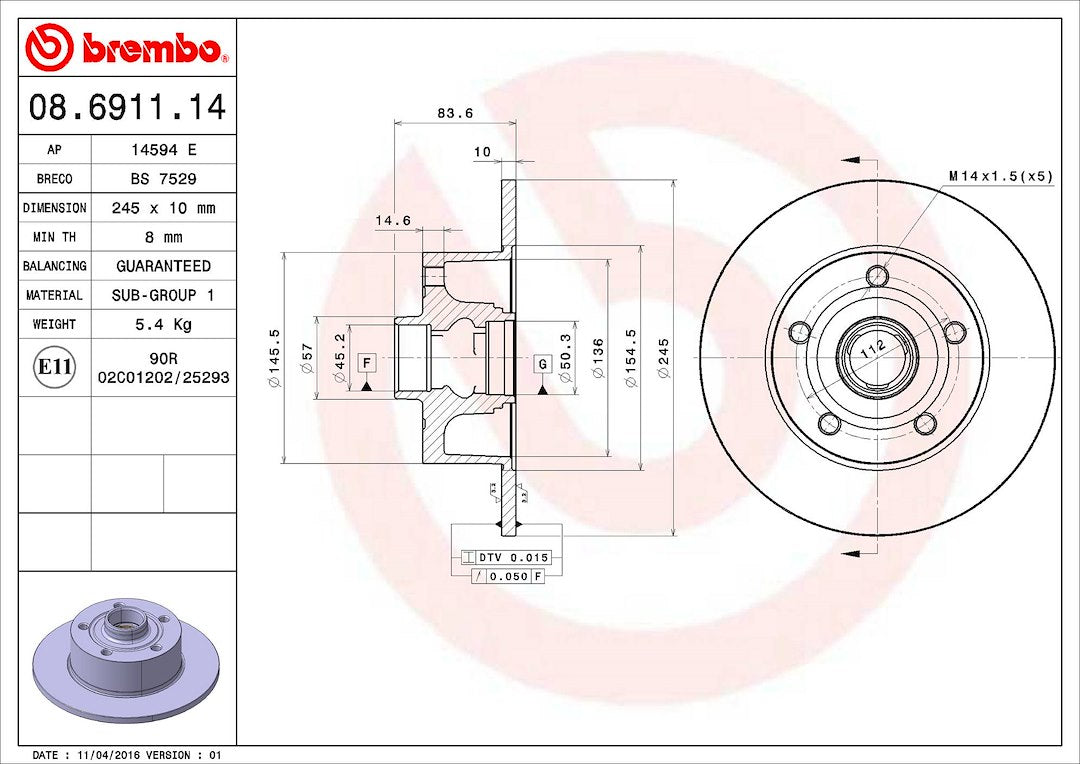 Brembo Components Not Hazardous To Health Brake Rotor 08691114C02 - Disc