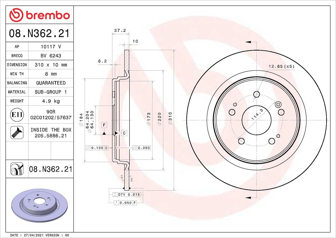 Brembo Rust-Resistant Coating Brake Rotor 08N36221C02 - Disc
