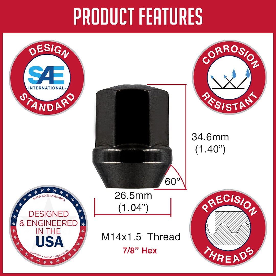 Revolution 141148Black Lug Nut - Black Large 141148BLK