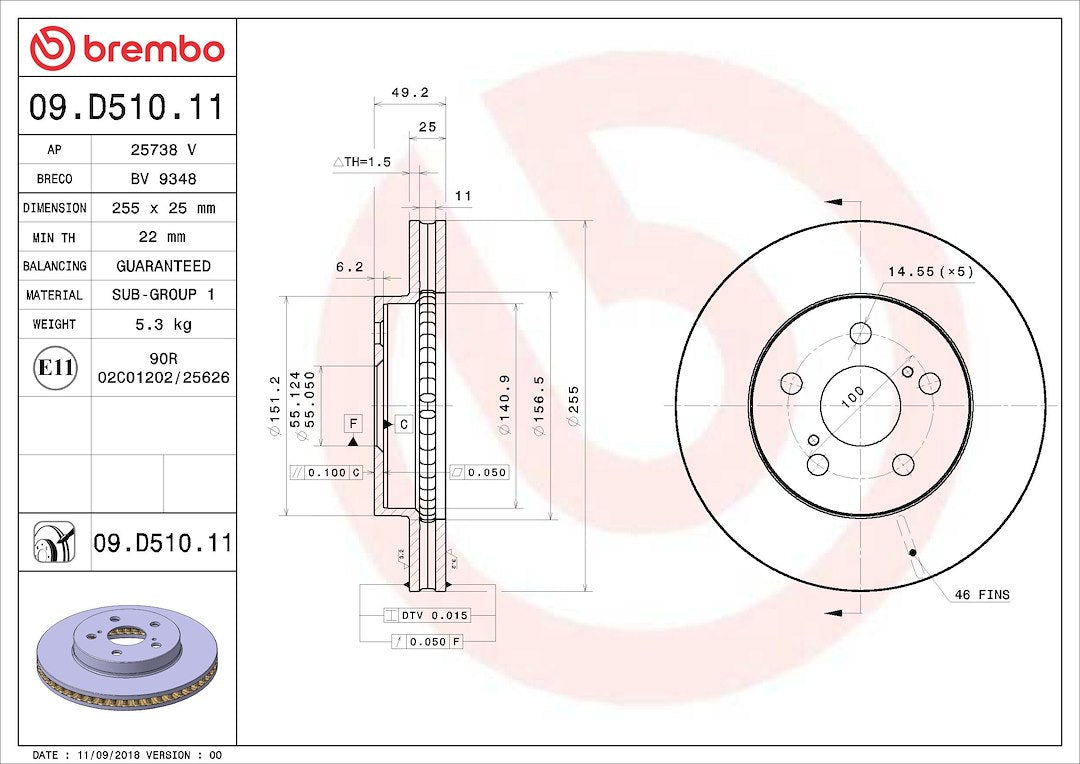 Brembo Rust-Resistant Coating Brake Rotor 09D51011C02 - Disc