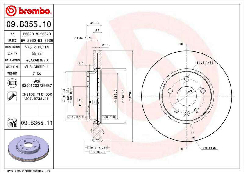 Brembo Components Not Hazardous To Health Brake Rotor 09B35511C02 - Disc