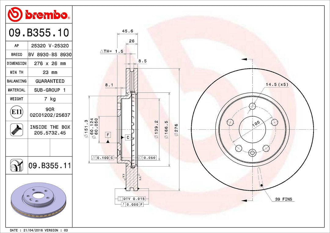 Brembo Components Not Hazardous To Health Brake Rotor 09B35511C02 - Disc