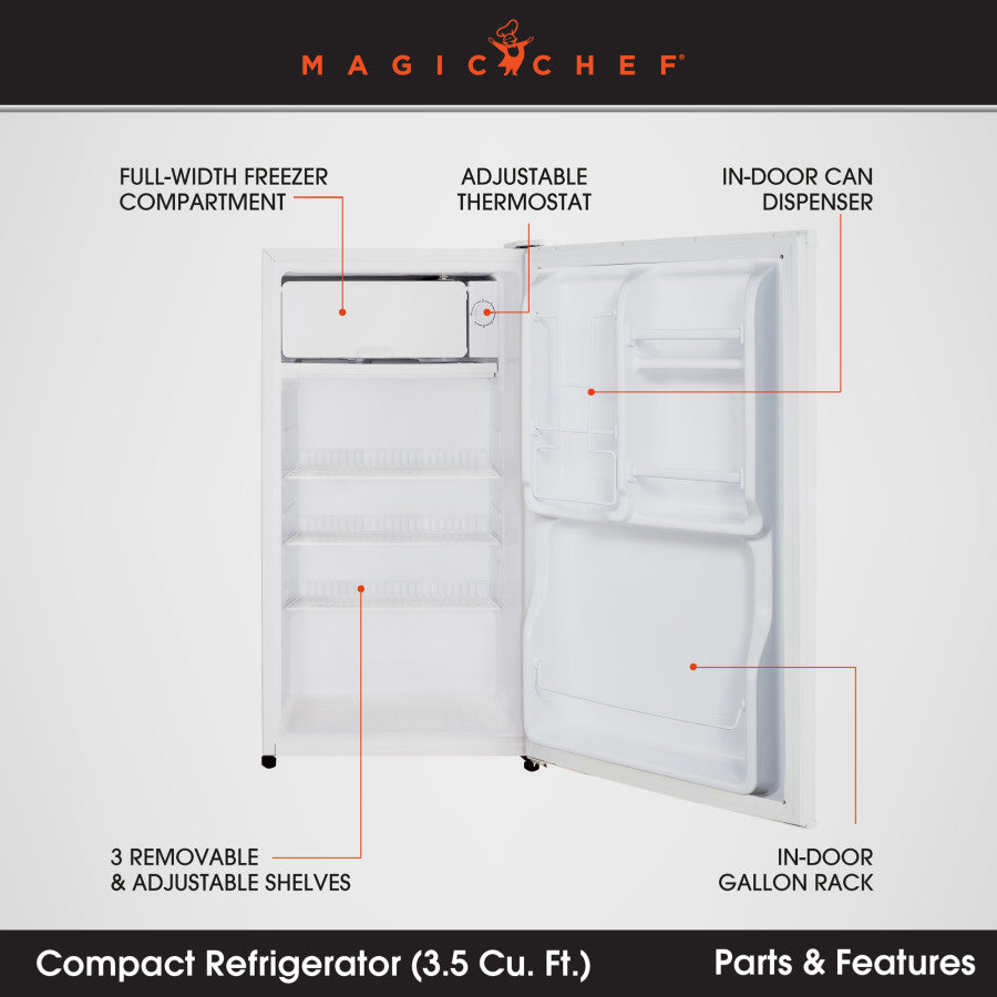 Magic Chef Built-In Can Dispenser Saves Space Refrigerator MCBR350W2 - 3.5 CU FT Manual Defro