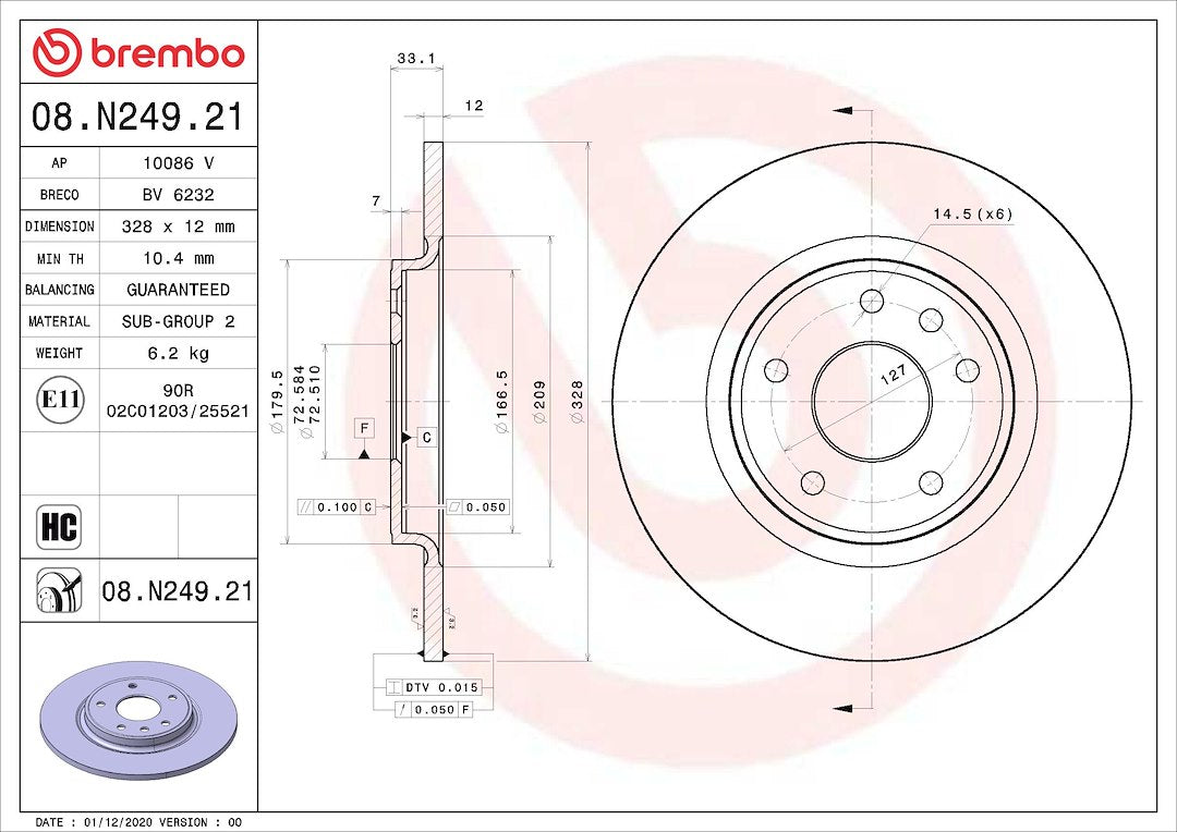 Brembo Rust-Resistant Coating Brake Rotor 08N24921C02 - Disc