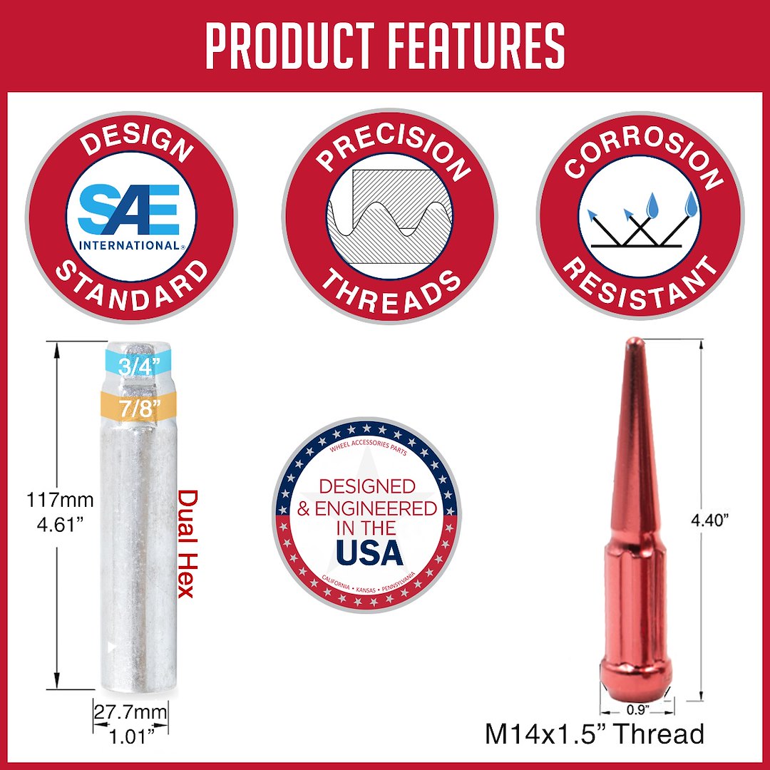 Revolution One Piece Solid Design Lug Nut 251648R - Red Spike M14 24