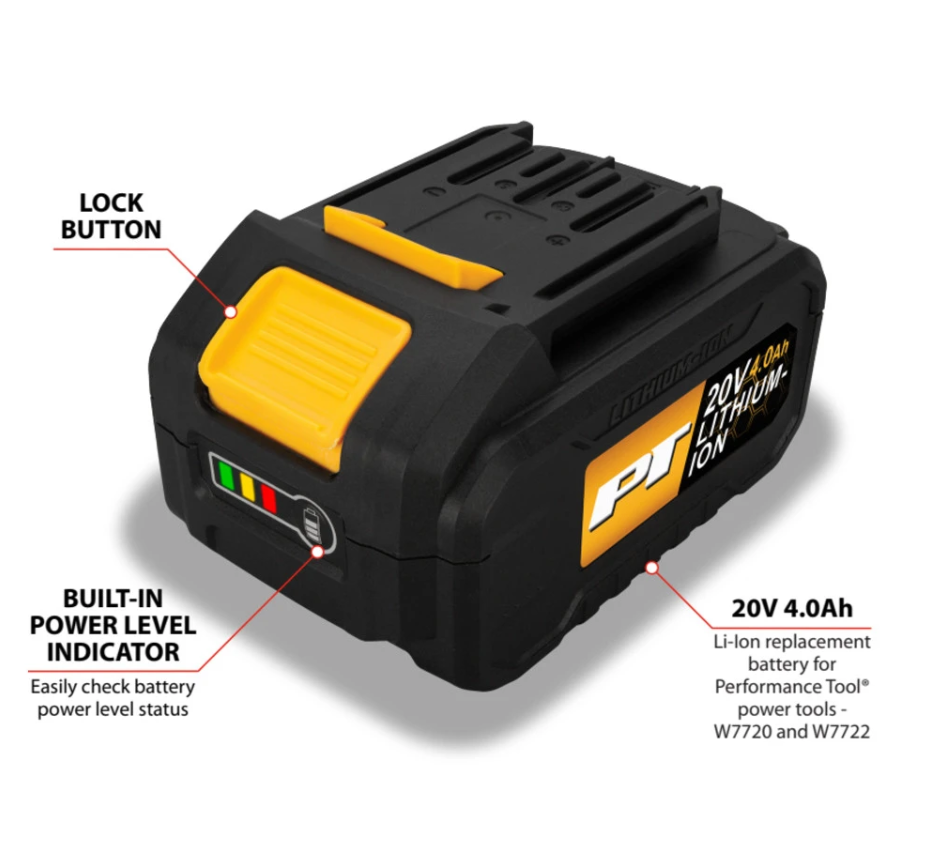 Perform Tool Lock Button Power Tool Battery W7724 - 20V 4.0AH LI-ION