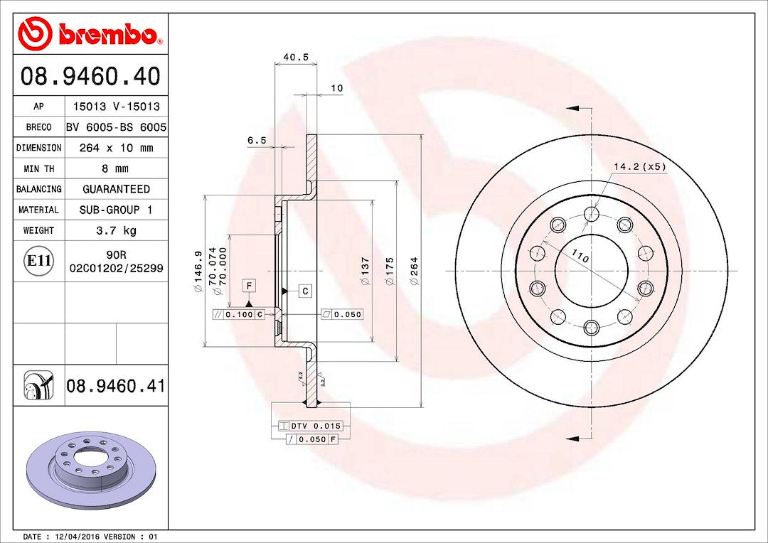 Brembo Components Not Hazardous To Health Brake Rotor 08946041C02 - Disc