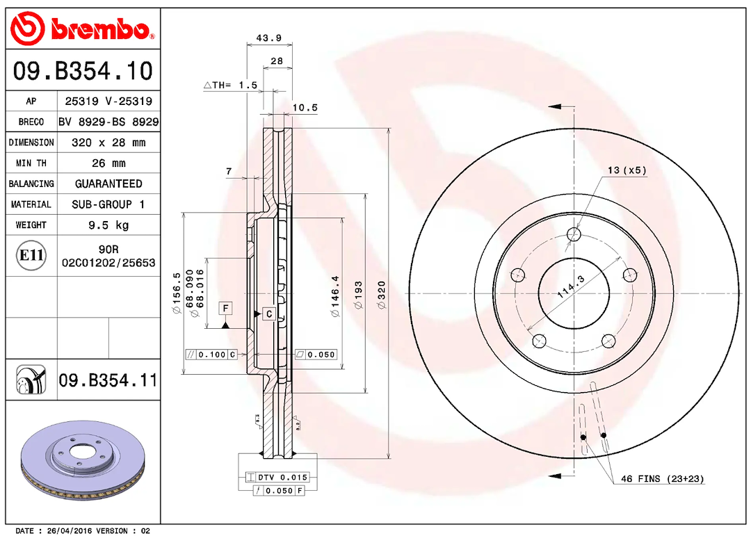 Brembo Rust-Resistant Coating Brake Rotor 09.B354.11 - Discbrakerotor Venteddisc