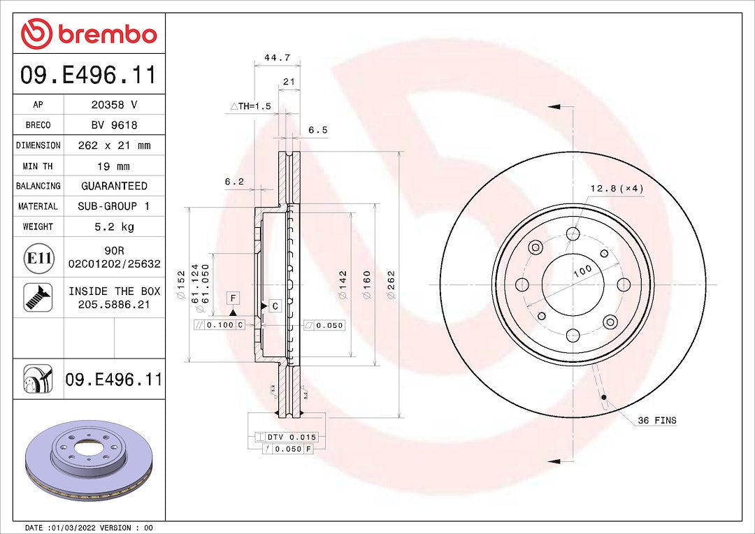 Brembo Rust-Resistant Coating Brake Rotor 09E49611C02 - Disc