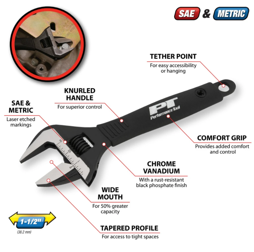 Perform Tool Knurled Handle For Superior Comfort Adjustable Wrench W30622 - Wide Mouth