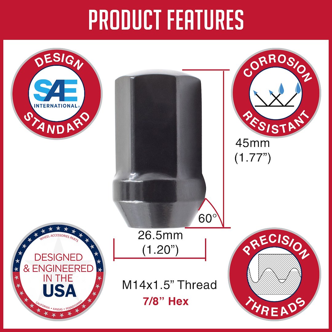 Revolution One Piece Solid Design Lug Nut 53K648LBLK - BK GM M14 24