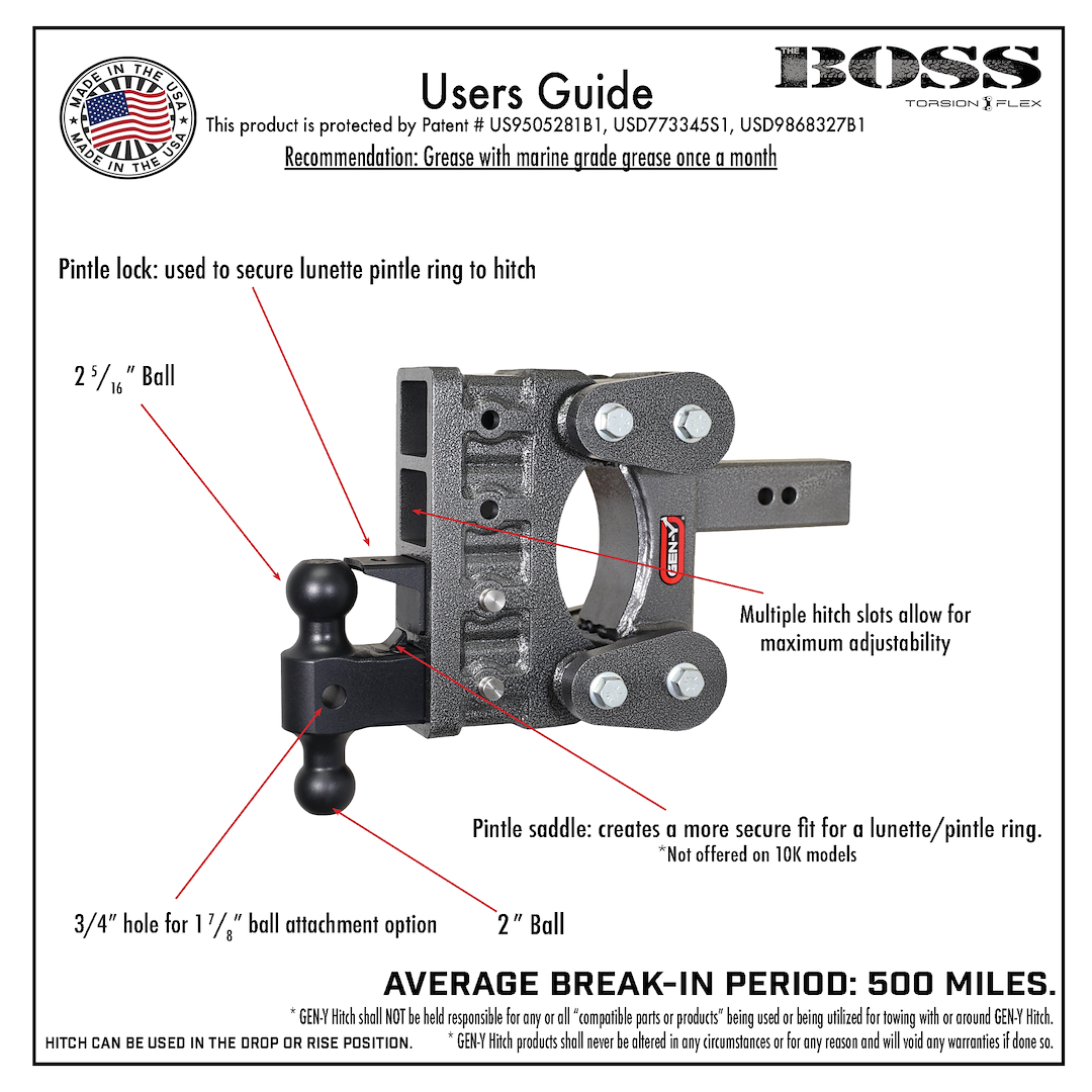 GEN-Y Hitch Made In USA Trailer Hitch Ball Mount GH-2325 - Boss Torsion-Flex 2.5 Shank