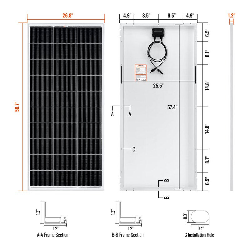 Rich Solar RS-M200 MEGA 200 Solar Panel, 200 Watt, 12 Volt, Monocrystalline