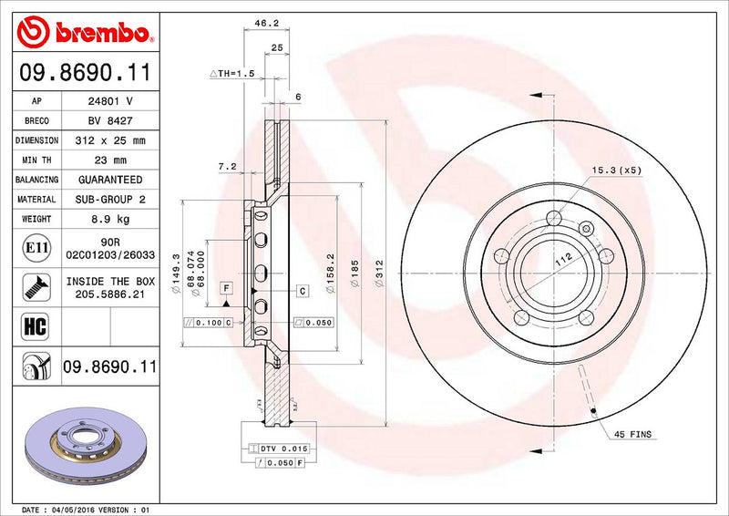 Brembo Components Not Hazardous To Health Brake Rotor 09869011C02 - Disc