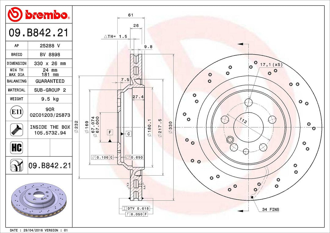 Brembo Components Not Hazardous To Health Brake Rotor 09B84221C02 - Disc