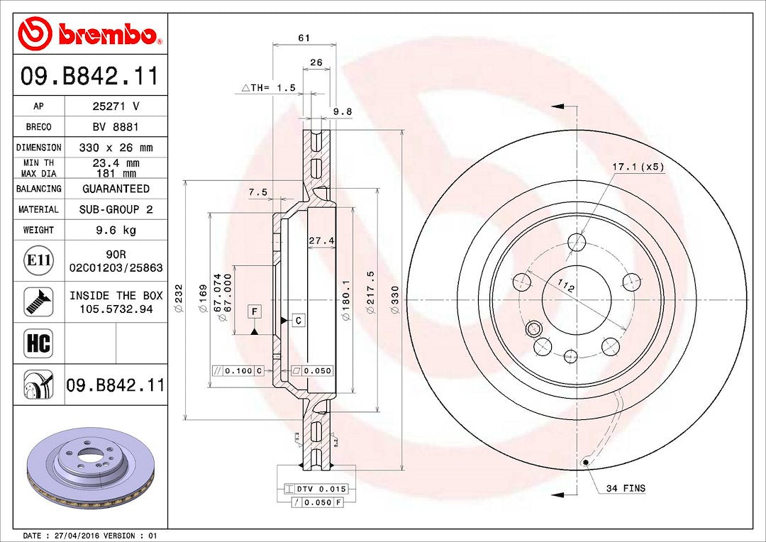 Brembo Components Not Hazardous To Health Brake Rotor 09B84211C02 - Disc