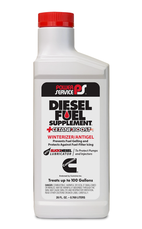 "1026 Powerservice Diesel Fuel Anti Gel product bottle with red cap, prevents fuel gelling in cold temperatures, ensuring diesel engine smooth operation"