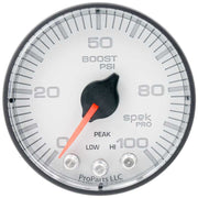 AutoMeter P305128 Autometer Spek-Pro 2 1/16in 100PSI Stepper Motor W/Peak & Warn White/Black Boost Gauge