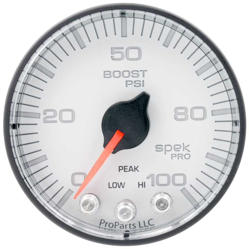 AutoMeter P305128 Autometer Spek-Pro 2 1/16in 100PSI Stepper Motor W/Peak & Warn White/Black Boost Gauge