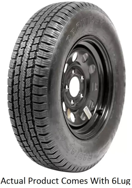 A225R645BMEM Taskmaster St225/75R15 10 Ply Provider tire on 15X6 wheel, durable trailer upgrade.