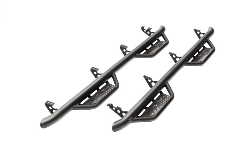 Keystone HPG1583CC-TX Nerf Bar With Drop Down Steps; 3 Inch Round Bent; Textured Powder Coated Matte Black Stainless Steel; Welded Vented End Caps; Rocker Panel Mount