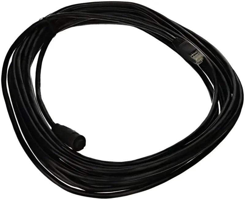 A80159 Raymarine Adapter Cable Raynet to Male RJ45, 10 meters in length, coiled black cable with connectors at each end.