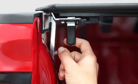 Close-up of clasp installation for Access Tonnosport 2022 Hyundai Santa Cruz Full Size 4ft Bed Roll-Up Cover.