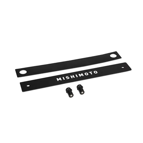 Black Mishimoto radiator stay set for license plate delete and styling upgrade