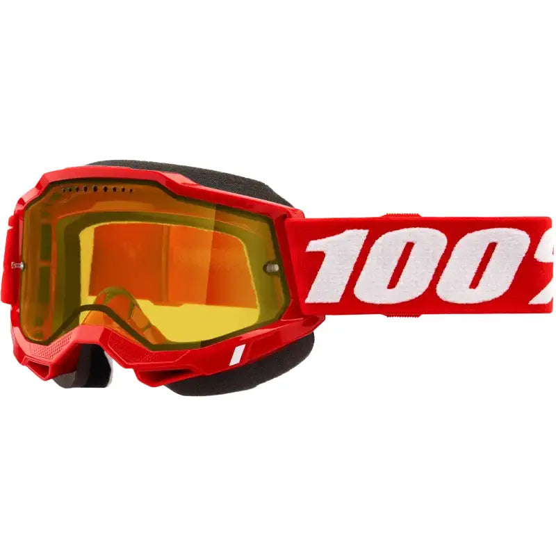 Red motocross goggles with yellow lens, perfect for snowmobile goggle gear in neon red
