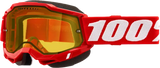 Red motocross goggles with yellow lens, perfect for snowmobile goggle gear in neon red