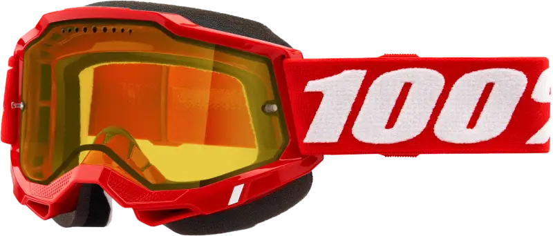 Red motocross goggles with yellow lens, perfect for snowmobile goggle gear in neon red