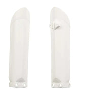 White KTM SX85 lower fork cover guards for motorcycle fork protection