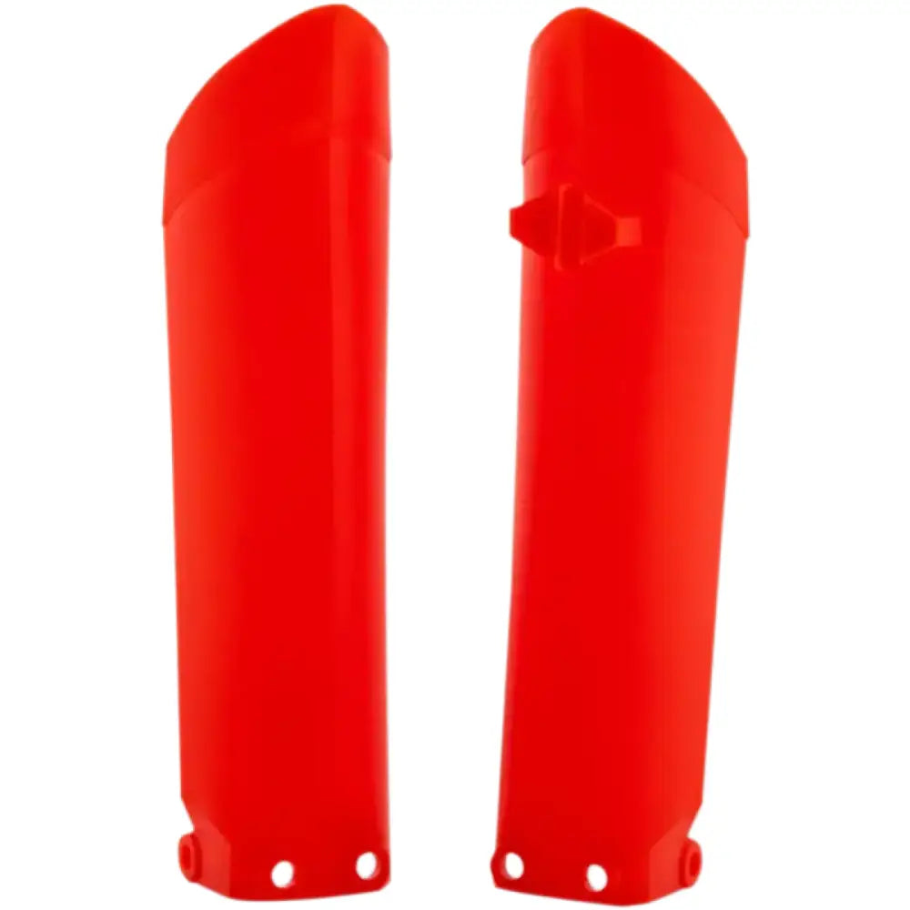 Red plastic lower fork cover guards for KTM SX85 bike, part of Acerbis set