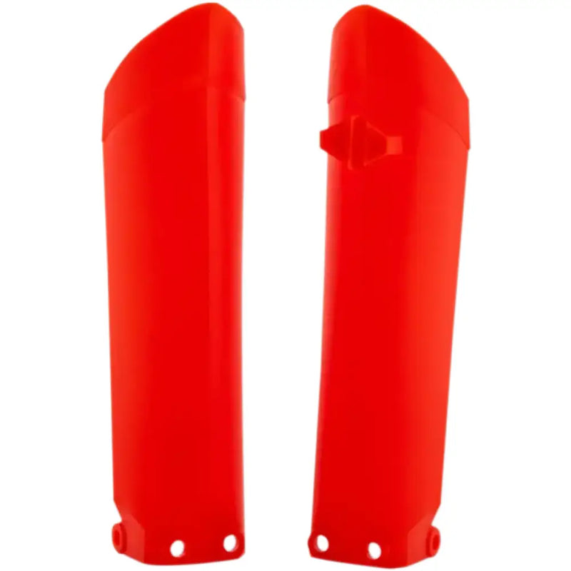 Red plastic lower fork cover guards for KTM SX85 bike, part of Acerbis set